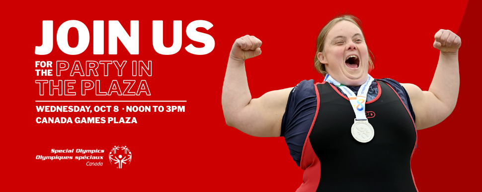Invite for a Party in the Plaza on October 8 from noon to 3pm at Canada Games Plaza. Image of an athlete celebrating with her arms in the air. Invite for a Party in the Plaza on October 8 from noon to 3pm at Canada Games Plaza. Image of an athlete celebrating with her arms in the air.