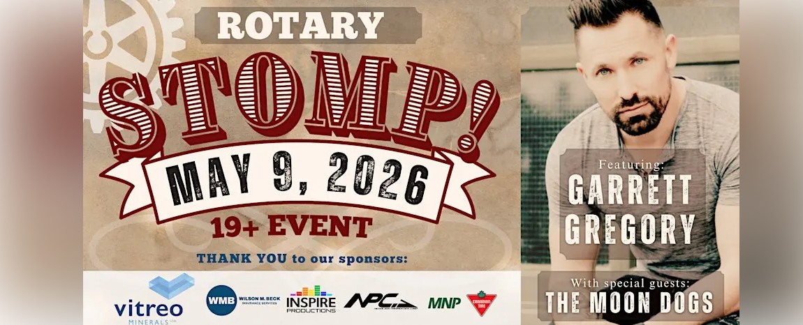 Rotary Stomp May 9 Featuring Garrett Gregory with special guests the Moon Dogs 19 plus event Garrett Gregory at the Civic Centre Rotary Stomp May 9 Featuring Garrett Gregory with special guests the Moon Dogs 19 plus event Garrett Gregory at the Civic Centre